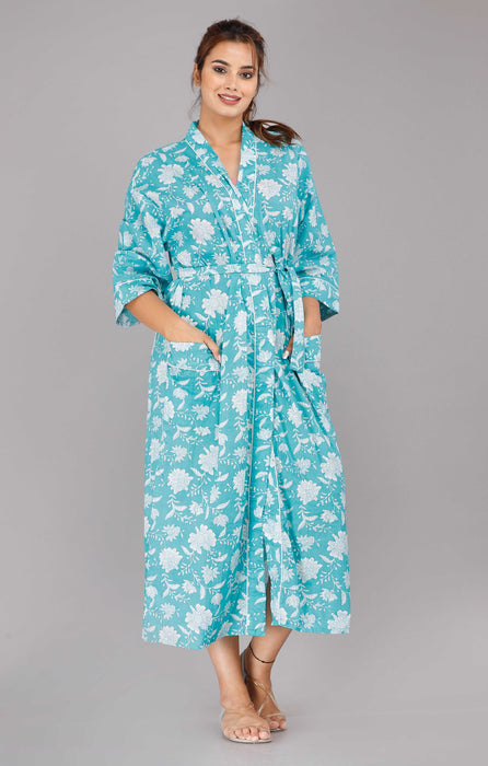 Floral Pattern Kimono Robe Long Bathrobe For Women (Aqua)-KM-26