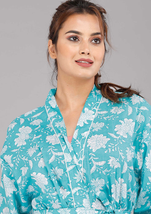 Floral Pattern Kimono Robe Long Bathrobe For Women (Aqua)-KM-26