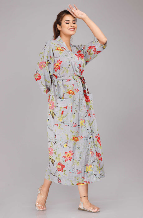 Floral Pattern Kimono Robe Long Bathrobe For Women (Grey)-KM-39