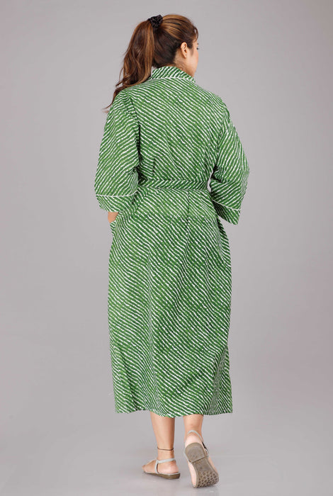 Lehariya Pattern Kimono Robe Long Bathrobe For Women (Green)-KM-30