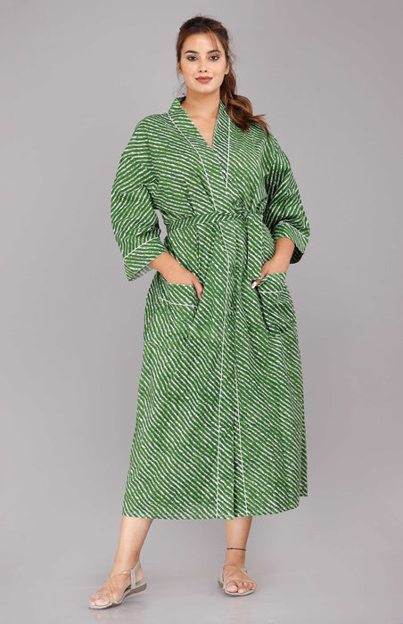 Lehariya Pattern Kimono Robe Long Bathrobe For Women (Green)-KM-30