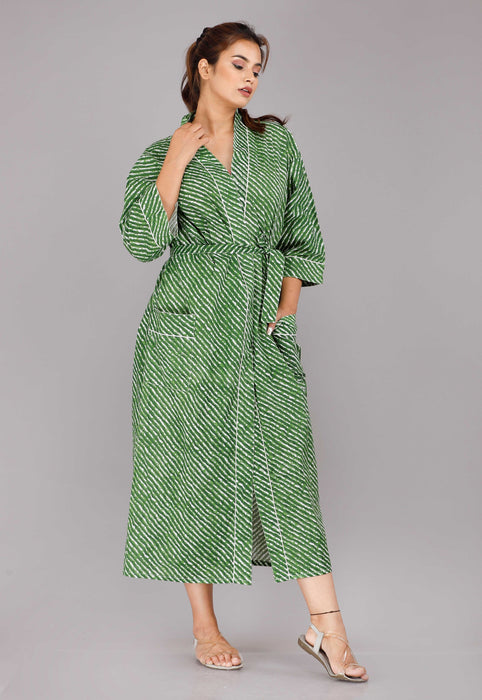 Lehariya Pattern Kimono Robe Long Bathrobe For Women (Green)-KM-30