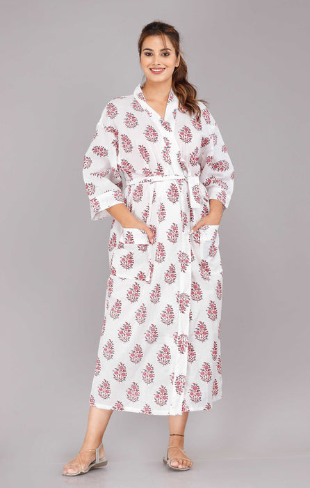 Floral Pattern Kimono Robe Long Bathrobe For Women (White)-KM-23