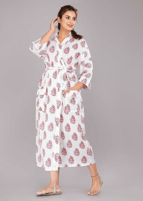 Floral Pattern Kimono Robe Long Bathrobe For Women (White)-KM-23