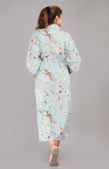 Floral Pattern Kimono Robe Long Bathrobe For Women (Turquoise)-KM-89