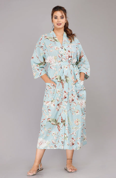 Floral Pattern Kimono Robe Long Bathrobe For Women (Turquoise)-KM-89