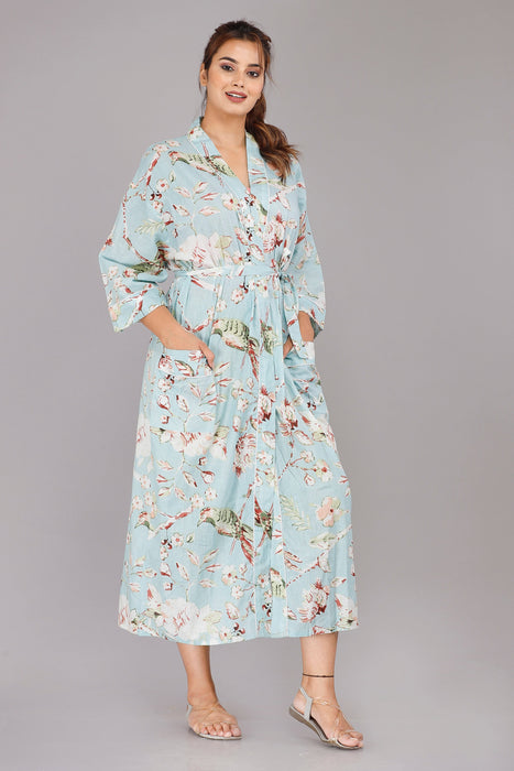 Floral Pattern Kimono Robe Long Bathrobe For Women (Turquoise)-KM-89