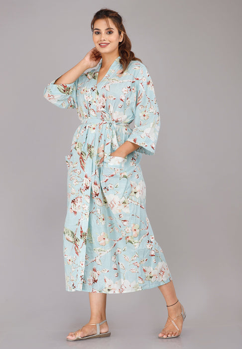 Floral Pattern Kimono Robe Long Bathrobe For Women (Turquoise)-KM-89