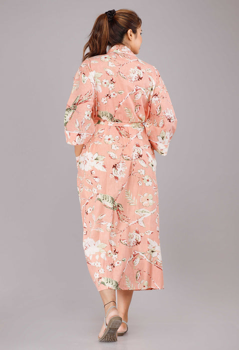 Floral Pattern Kimono Robe Long Bathrobe For Women (Pink)-KM-59