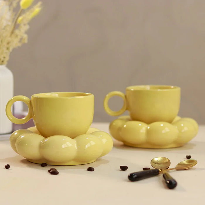 Yellow bubble Mugs and saucer-set of 2