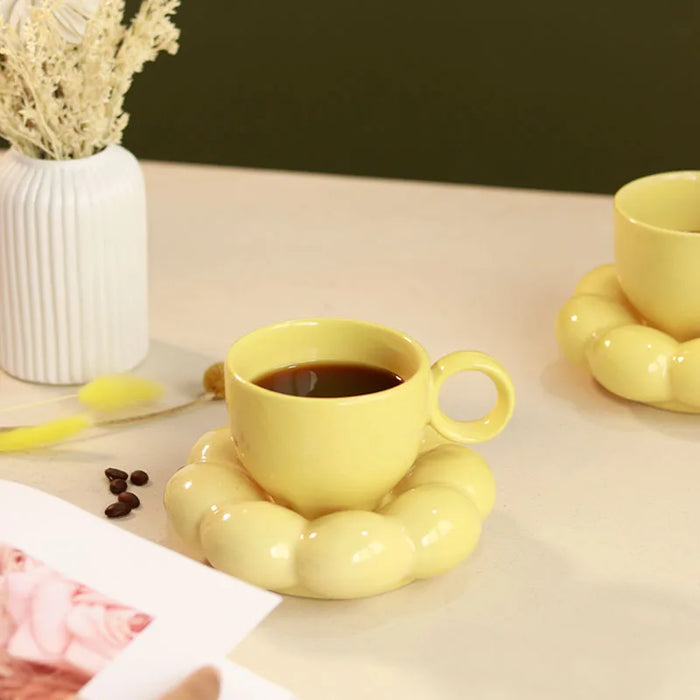 Yellow bubble Mugs and saucer-set of 2