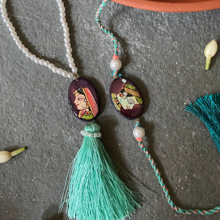 Handpainted Rakhi Lumba Set- Green and Indigo