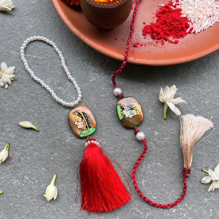 Handpainted Rakhi Lumba Set- Red and Brown