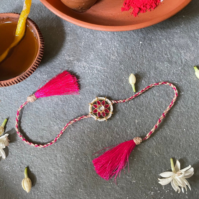 Kundan Rakhi - Golden and Hot pink