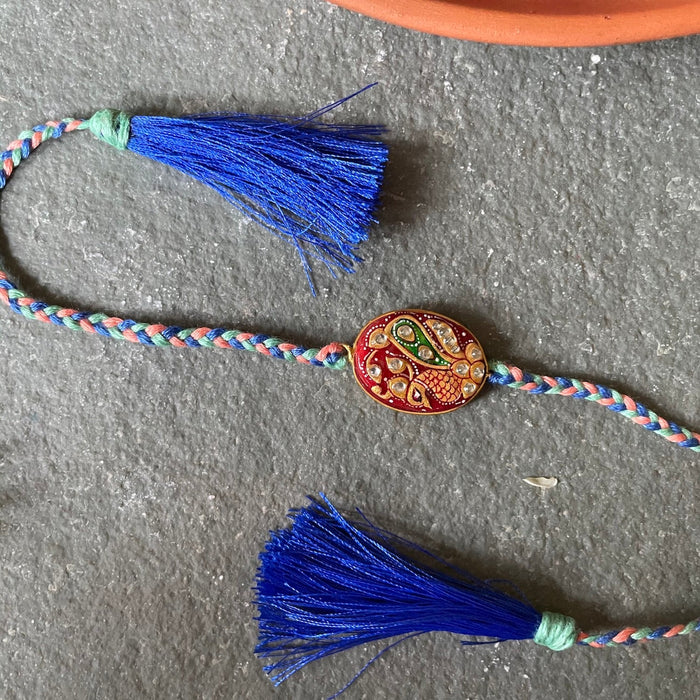 Tanjore Rakhi - Orange and Blue