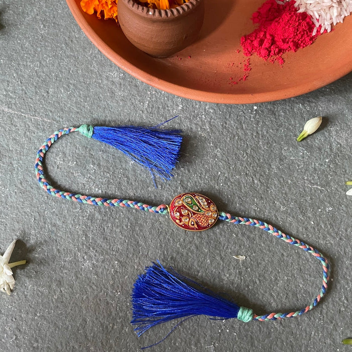 Tanjore Rakhi - Orange and Blue