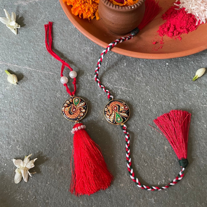 Tanjore Rakhi Lumba Set - Black and Red