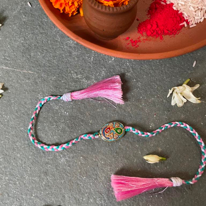 Tanjore Rakhi - Light Blue and Pink