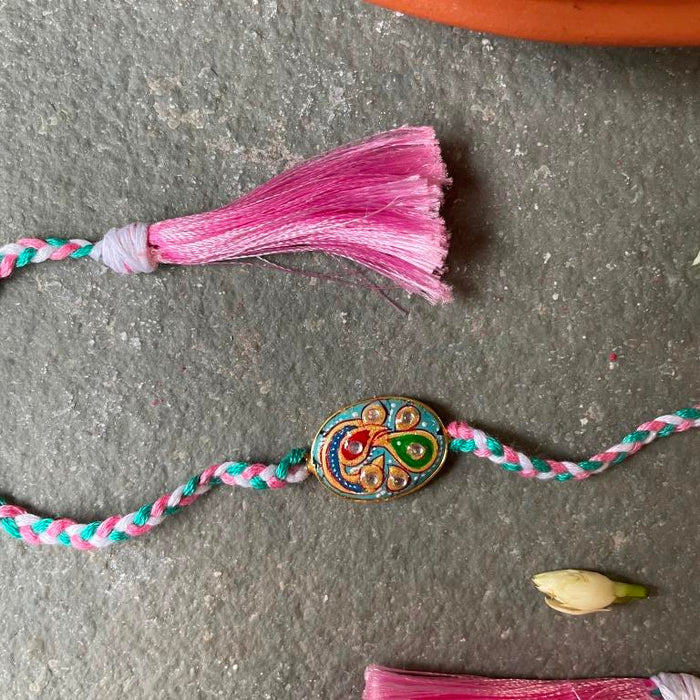 Tanjore Rakhi - Light Blue and Pink