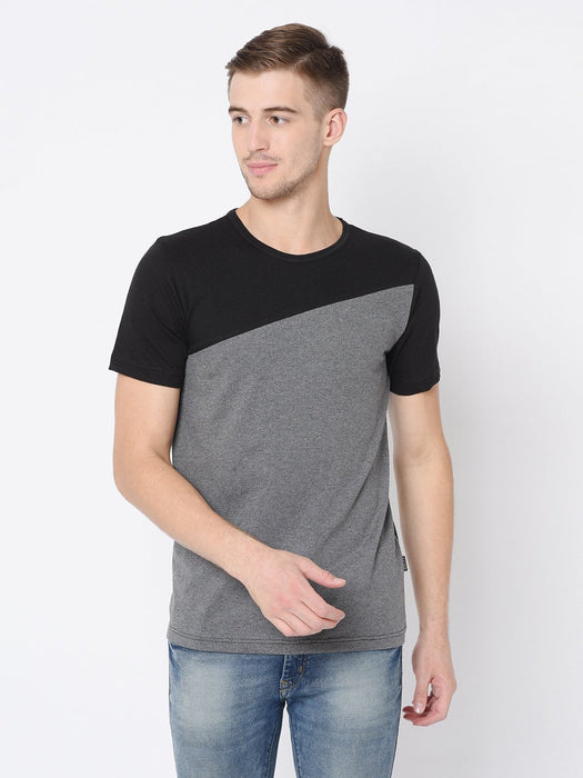 Black Charcoal Cut & Sew Half Tshirt For Men