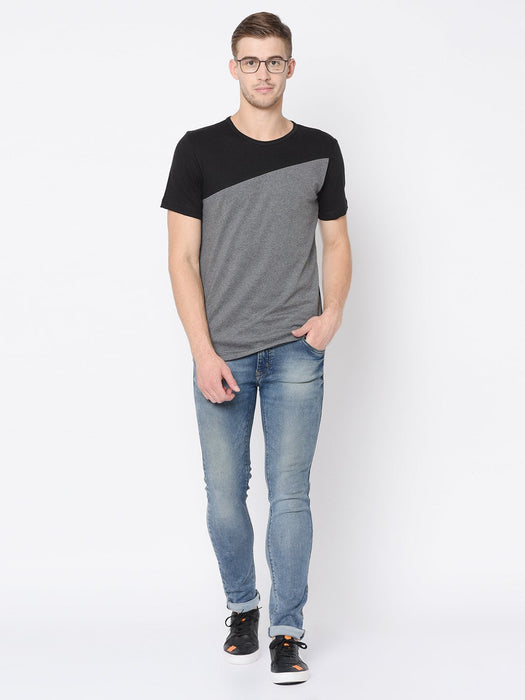 Black Charcoal Cut & Sew Half Tshirt For Men