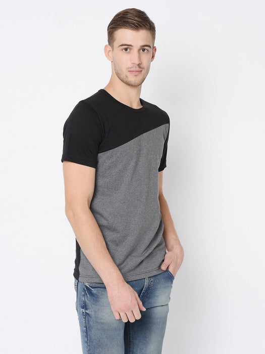 Black Charcoal Cut & Sew Half Tshirt For Men