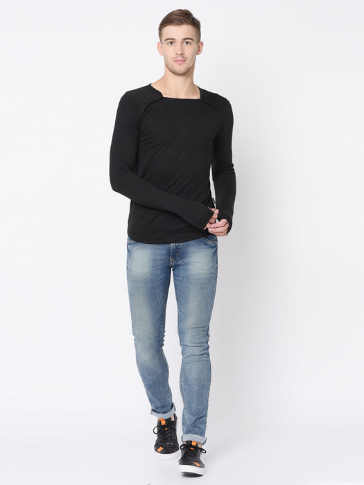 Square Neck Cotton Thumbhole Sleeve T-Shirt