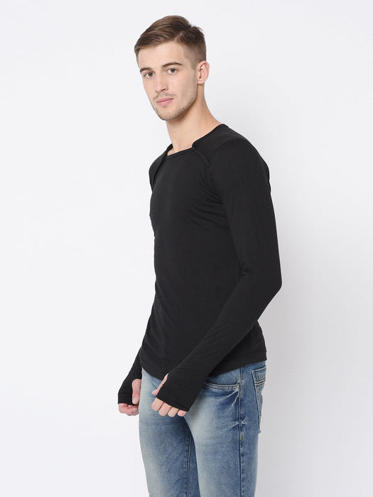 Black Square Neck Thumbhole Full Tshirt For Men