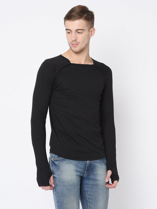 Black Square Neck Thumbhole Full Tshirt For Men