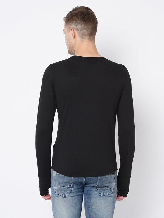 Black Square Neck Thumbhole Full Tshirt For Men