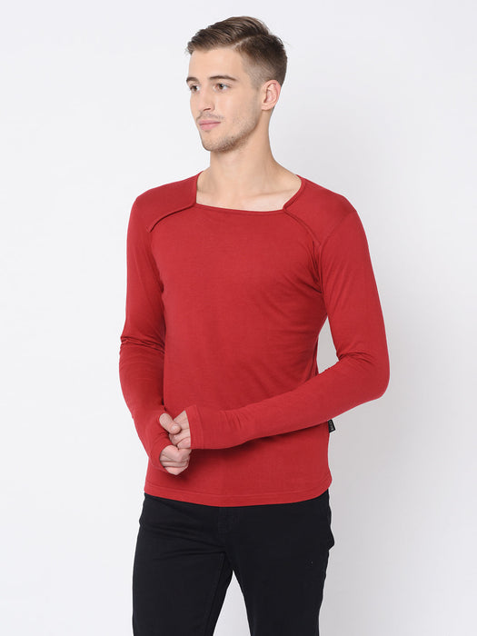 Black Square Neck Thumbhole Full Tshirt For Men