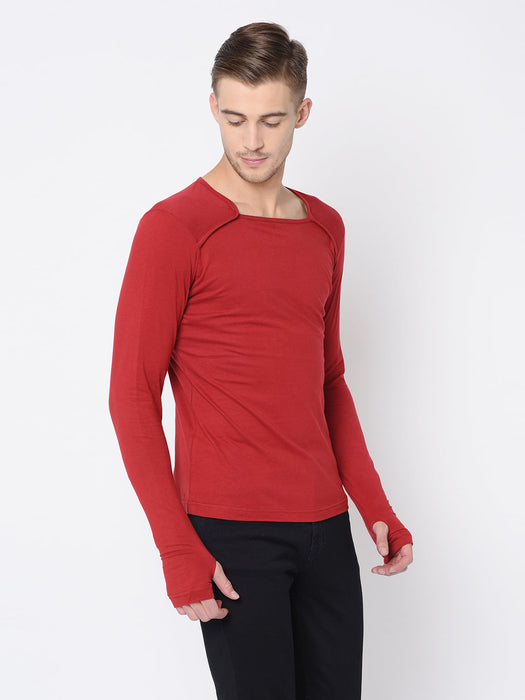 Black Square Neck Thumbhole Full Tshirt For Men