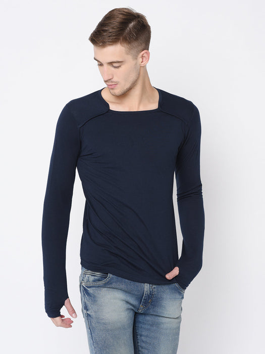 Black Square Neck Thumbhole Full Tshirt For Men