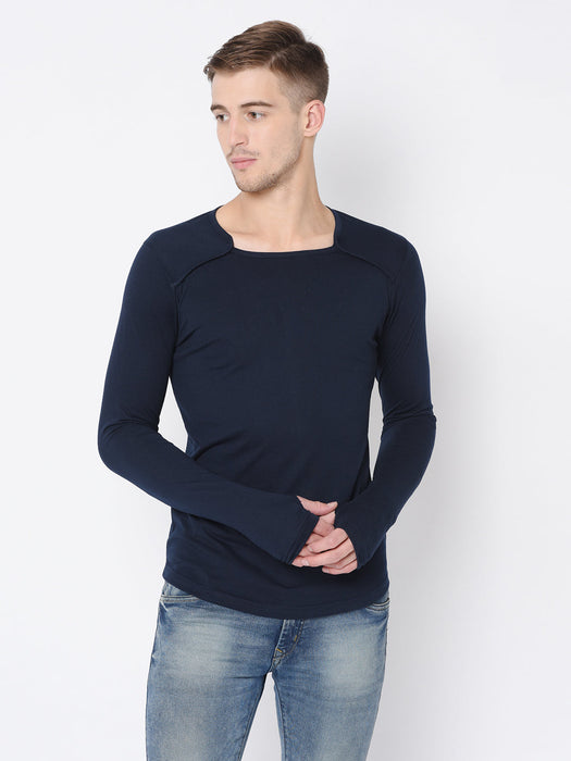 Black Square Neck Thumbhole Full Tshirt For Men