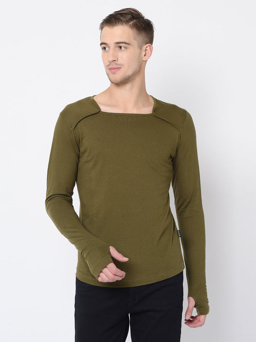 Black Square Neck Thumbhole Full Tshirt For Men