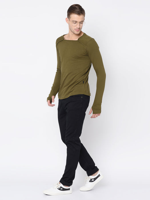 Square Neck Cotton Thumbhole Sleeve T-Shirt