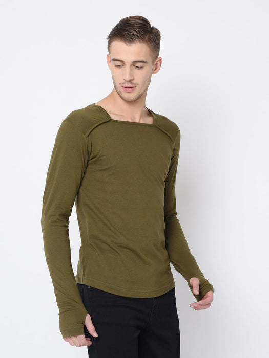 Black Square Neck Thumbhole Full Tshirt For Men