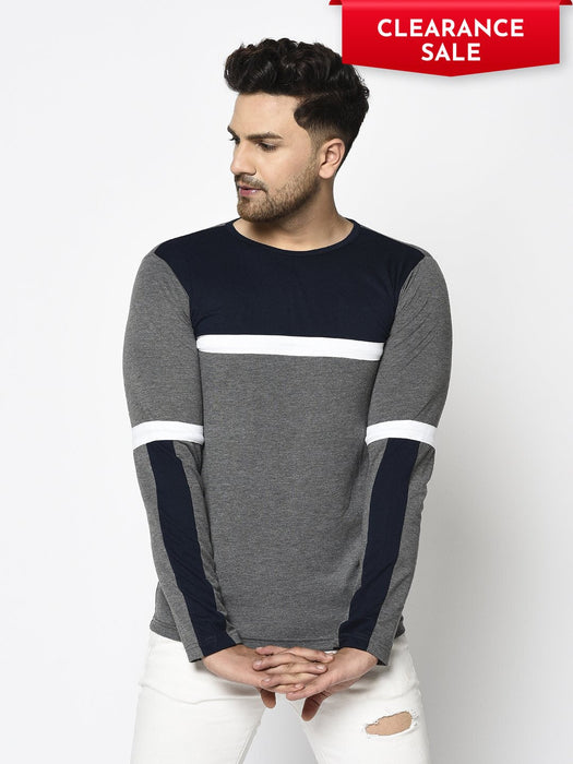 Charcoal Navy Color Block Round Neck Cotton Full Sleeve T-Shirt