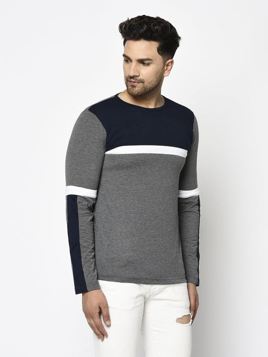 Charcoal Navy Color Block Round Neck Cotton Full Sleeve T-Shirt