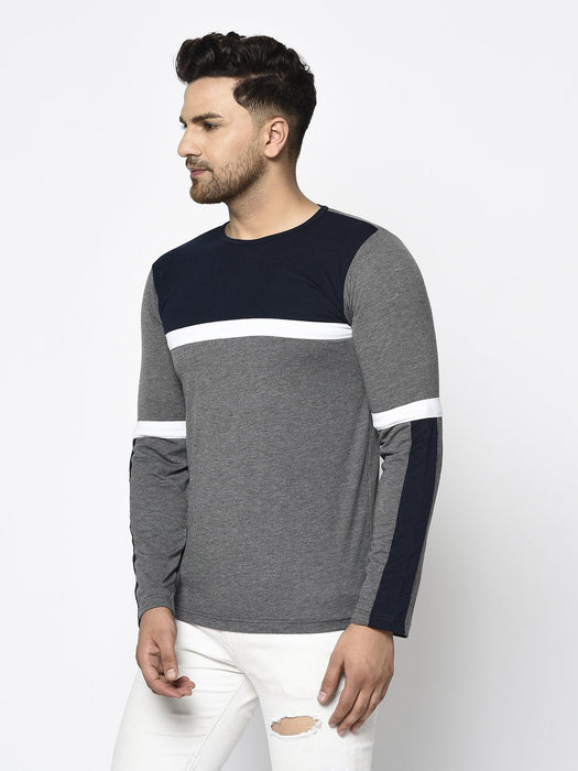 Charcoal Navy Color Block Round Neck Cotton Full Sleeve T-Shirt