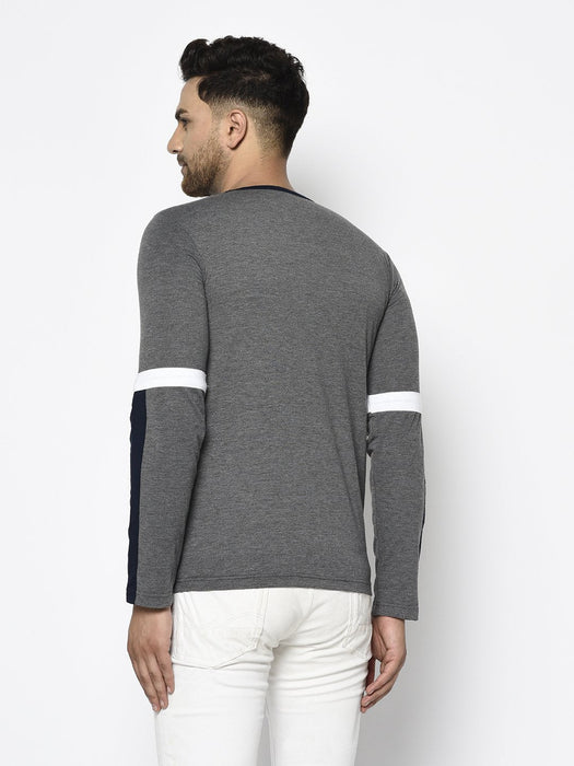 Charcoal Navy Color Block Round Neck Cotton Full Sleeve T-Shirt