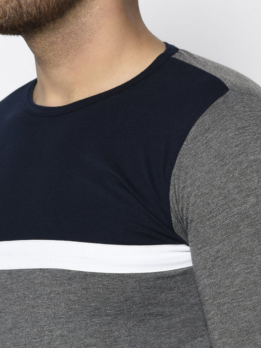 Charcoal Navy Color Block Round Neck Cotton Full Sleeve T-Shirt