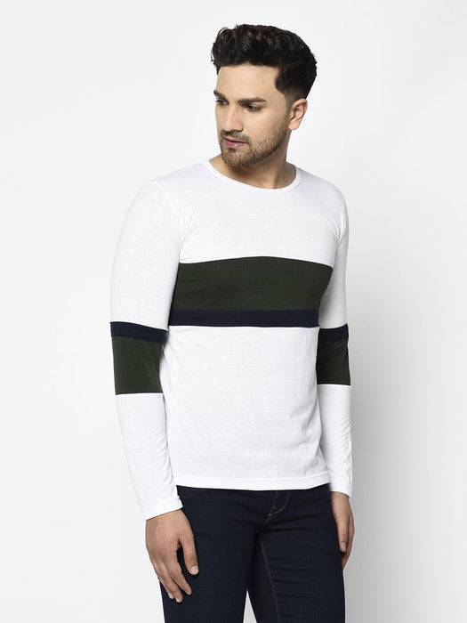 White Bottle Green Color Block Round Neck Cotton Full Sleeve T-Shirt