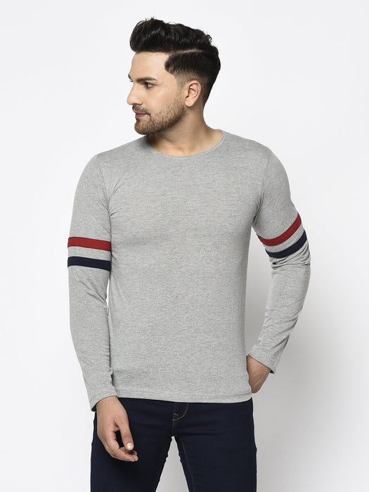 Grey With Contrast Detailing On Sleeve Round Neck Cotton Full Sleeve T-Shirt