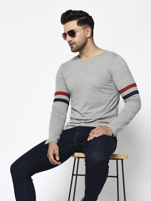 Grey With Contrast Detailing On Sleeve Round Neck Cotton Full Sleeve T-Shirt