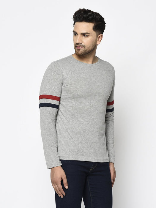 Grey With Contrast Detailing On Sleeve Round Neck Cotton Full Sleeve T-Shirt