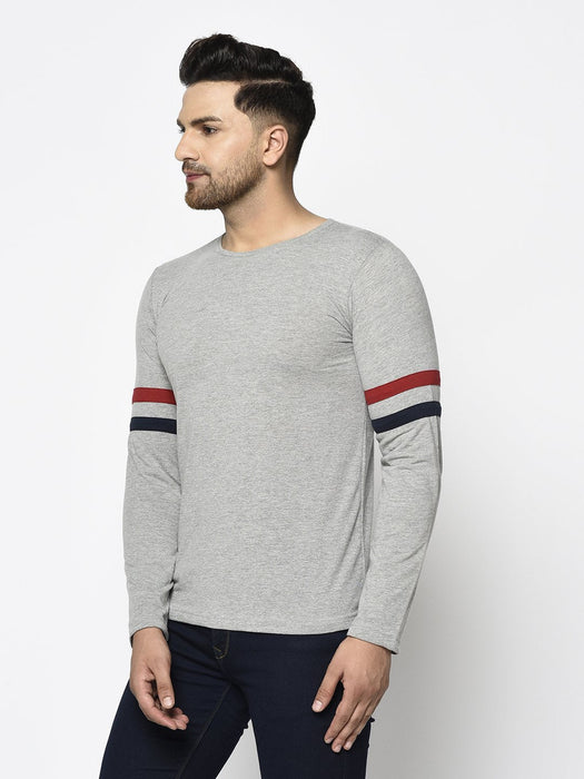 Grey With Contrast Detailing On Sleeve Round Neck Cotton Full Sleeve T-Shirt