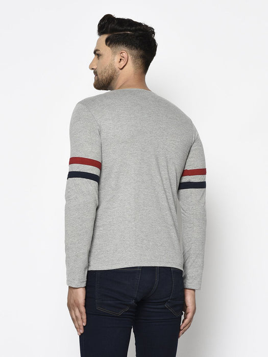 Grey With Contrast Detailing On Sleeve Round Neck Cotton Full Sleeve T-Shirt