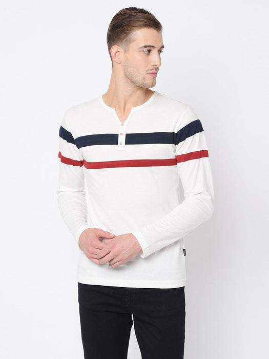 Contrast Detailing Patch Henley Neck Cotton Full Sleeve T-Shirt