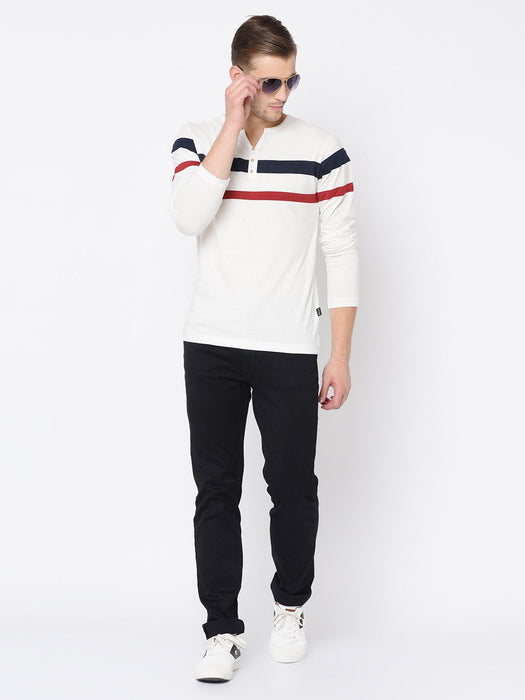 Contrast Detailing Patch Henley Neck Cotton Full Sleeve T-Shirt